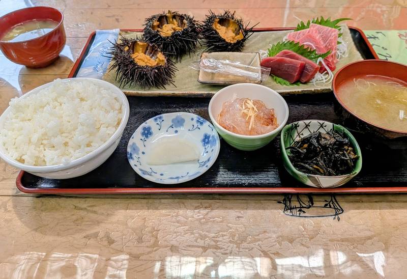 殻付きウニと刺身の盛り合わせ、ご飯とみそ汁の定食